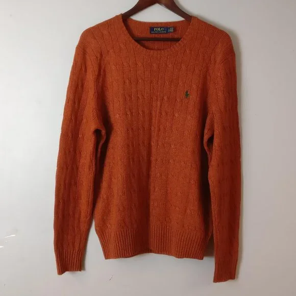Potter Clay Brown Polo RL Pure Silk Fisherman Cable Crew Knit Logo Sweater Large - Picture 2 of 8